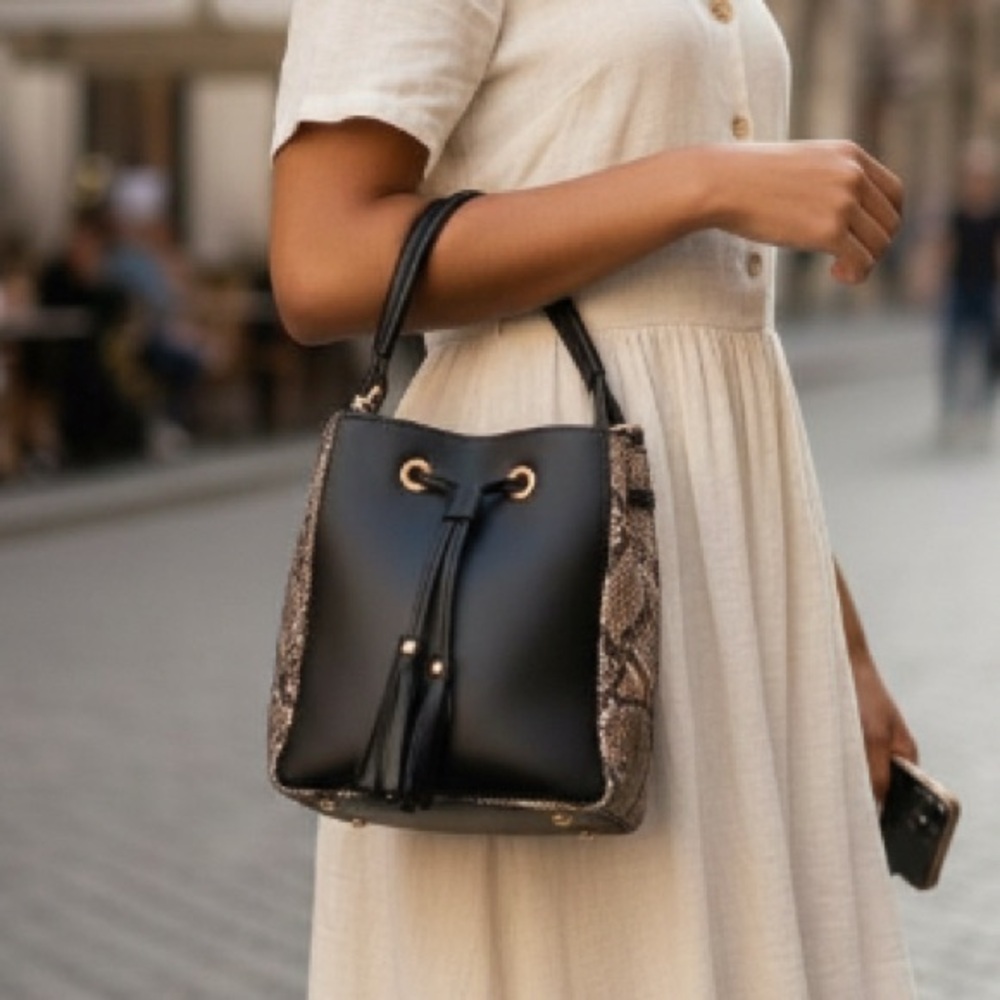 Sara Burglar Reptile Embossed Brown Black Italian Leather Satchel Bucket Bag NWT